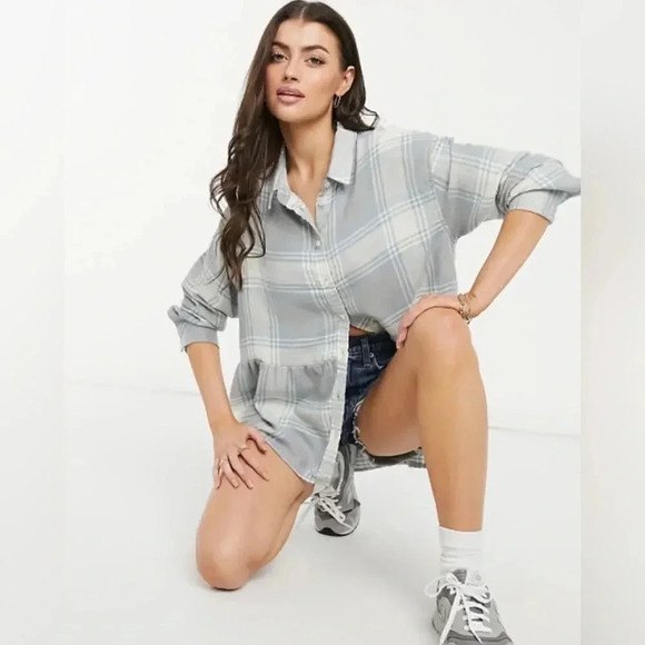 New AMERICAN EAGLE WOMEN Y2K GREYBLUEOVERSIZED FLANNEL BABYDOLL SHIRT - Picture 7 of 7